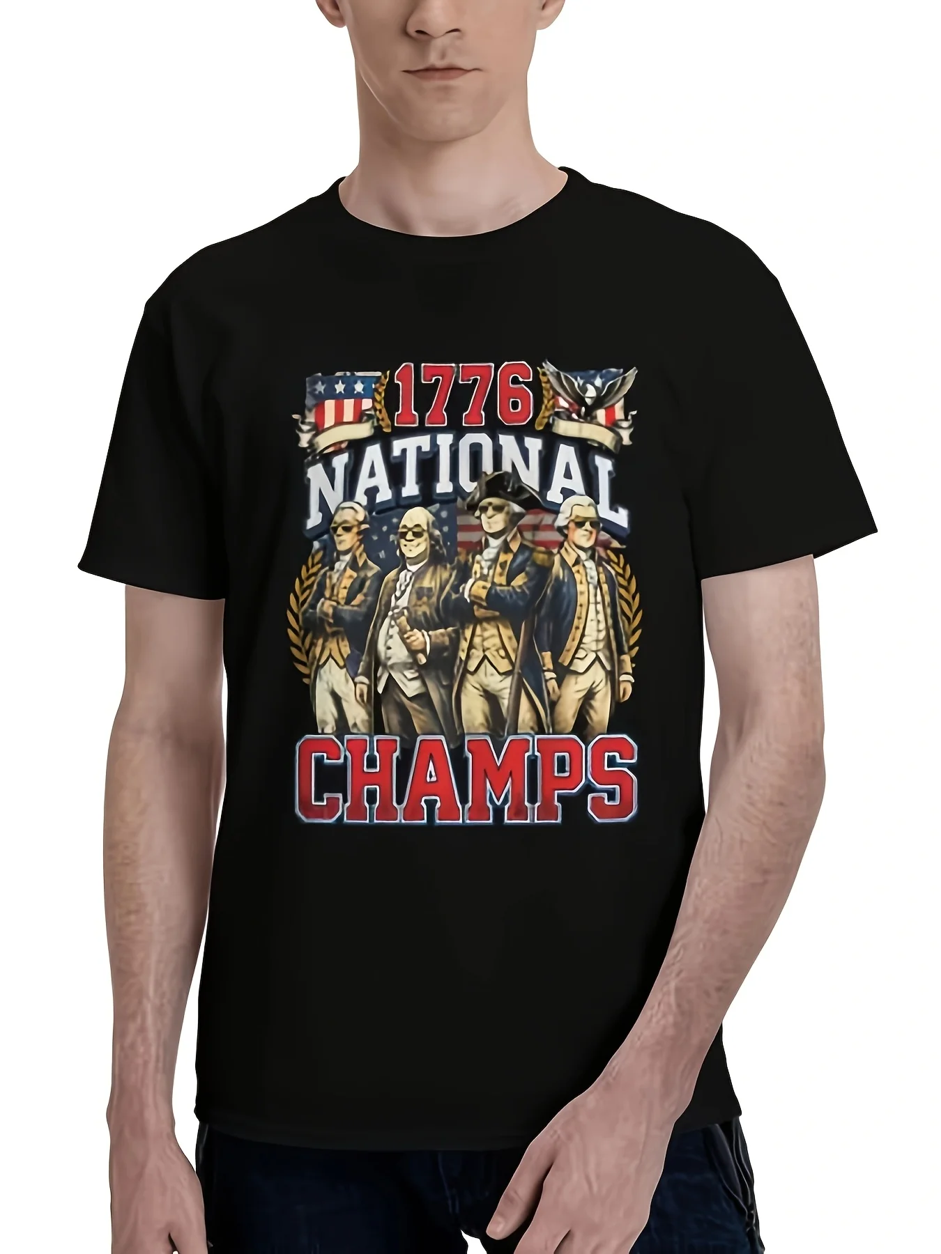 American-Style Trendy Cool T-Shirt with Portrait of a National Leader in Sunglasses and Flag Elements, Loose Fit, Drop Shoulder, Crew Neck, Versatile for Everyday Wear, Casual Short-Sleeve T-Shirt