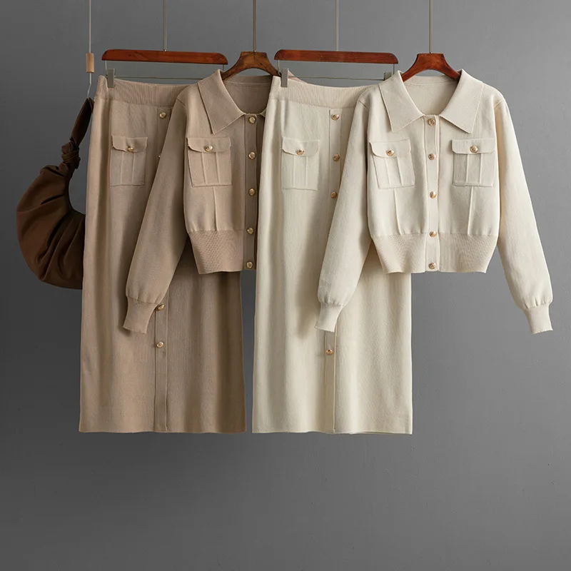 

Элегантные офисные свитера, топы, тонкие трикотажные юбки с высокой талией, комплекты из 2 предметов, женская новая уличная одежда, однотонная корейская мода, осень B803