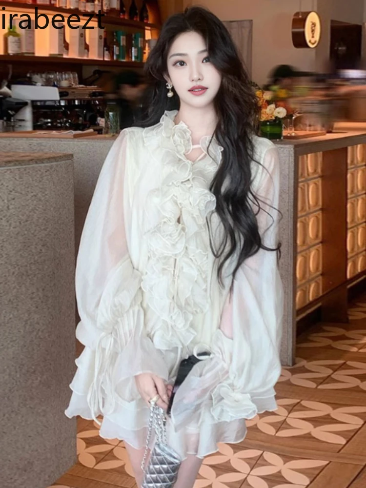 

Women's French Style Embroidery Ruffle Blouse & High-Waist Pants Set - Fashionable Long-Sleeve Fitted Top + Slim Mini Shorts