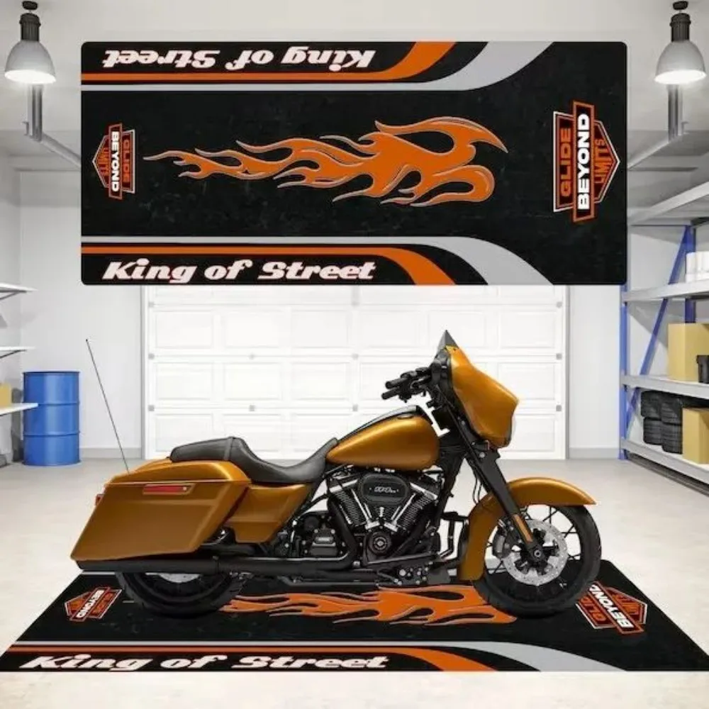 Tapis de moto en velours cristal, tapis antidérapant pour garage Harley/Honda, style flamme/tribal/compétition, tapis de stationnement pour moto