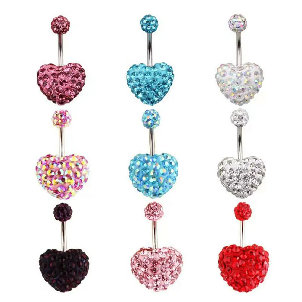 Double Gem Button Surgical Steel Multi Crystal Navel Rings Heart Belly Bar Body Piercing Fake Belly Ring