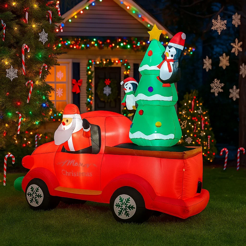2.1M/6.8FT Inflatable Santa Claus Truck with Penguin Christmas Tree Lights LED Home Decor Toys Yard Xmas Holiday Lighting Decor