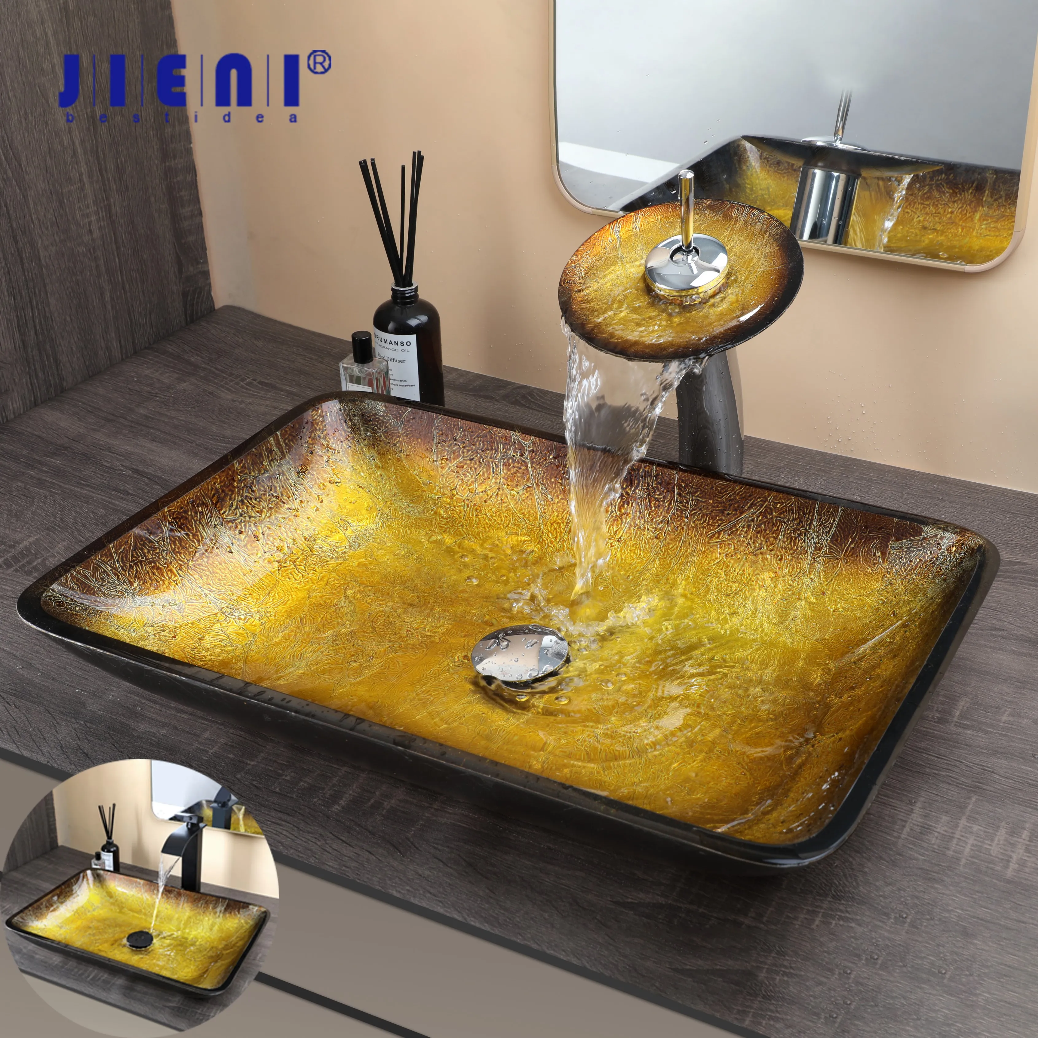 

JIENI Tempered Glass Bathroom Vessel Sink Set Square Countertop Washbasin Brass Faucet Pop Up Drain Combo Art Sink Kit For Hotel