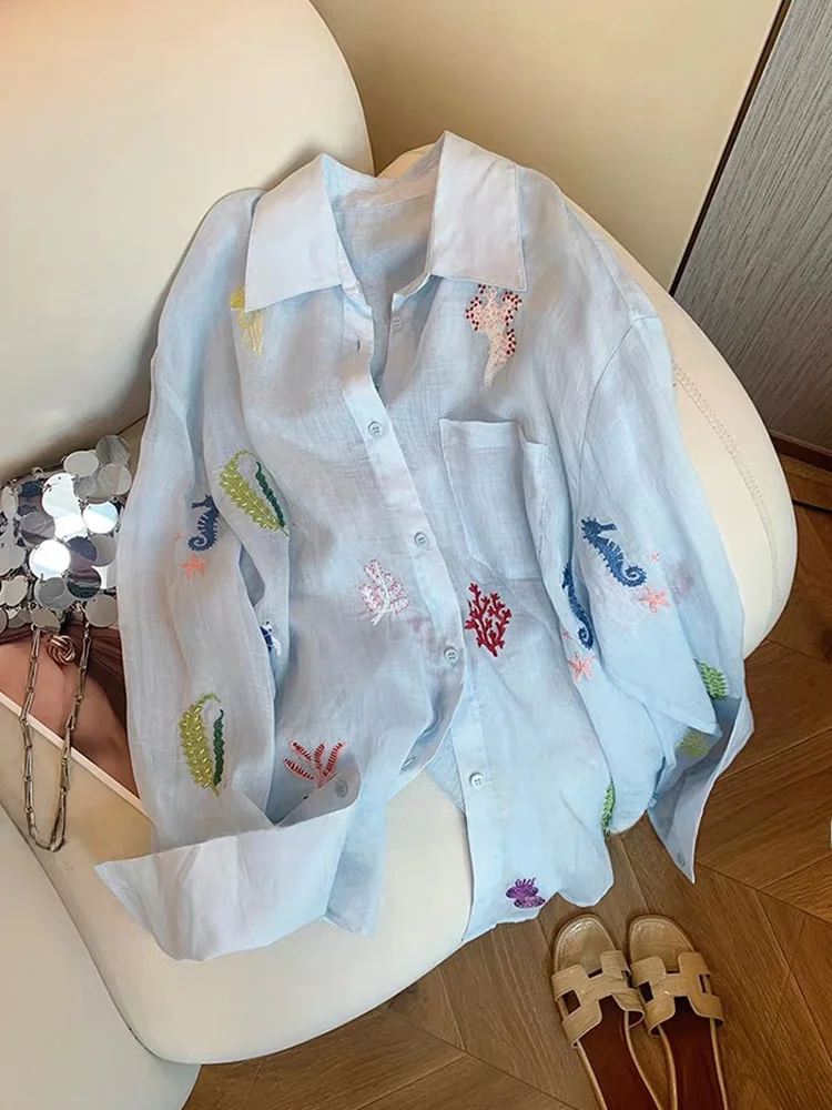 South Oil High Board Damesbloemenborduurwerk irt Dunne zonbescherming Loose Fit Koreaanse Sle Long Sve Ne Design