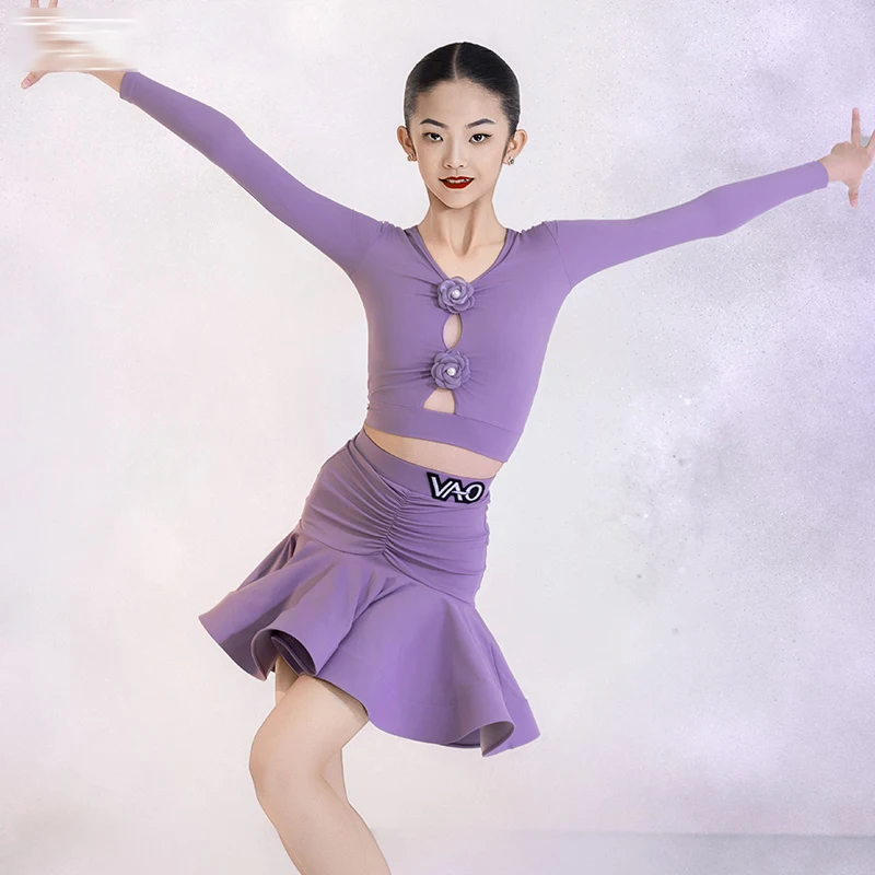 الأرجواني اللاتينية أزياء رقص الفتيات أداء الملابس طويلة الأكمام بلوزات قصيرة هيكل السمكة تنورة تشا تشا ممارسة الرقص ارتداء BL17287