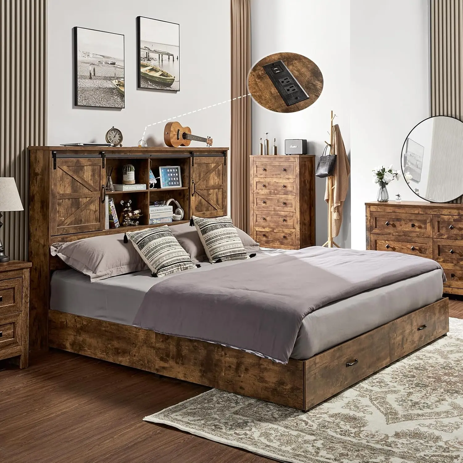 Bed Frame, Wooden Platform Storage Bed with 51.2