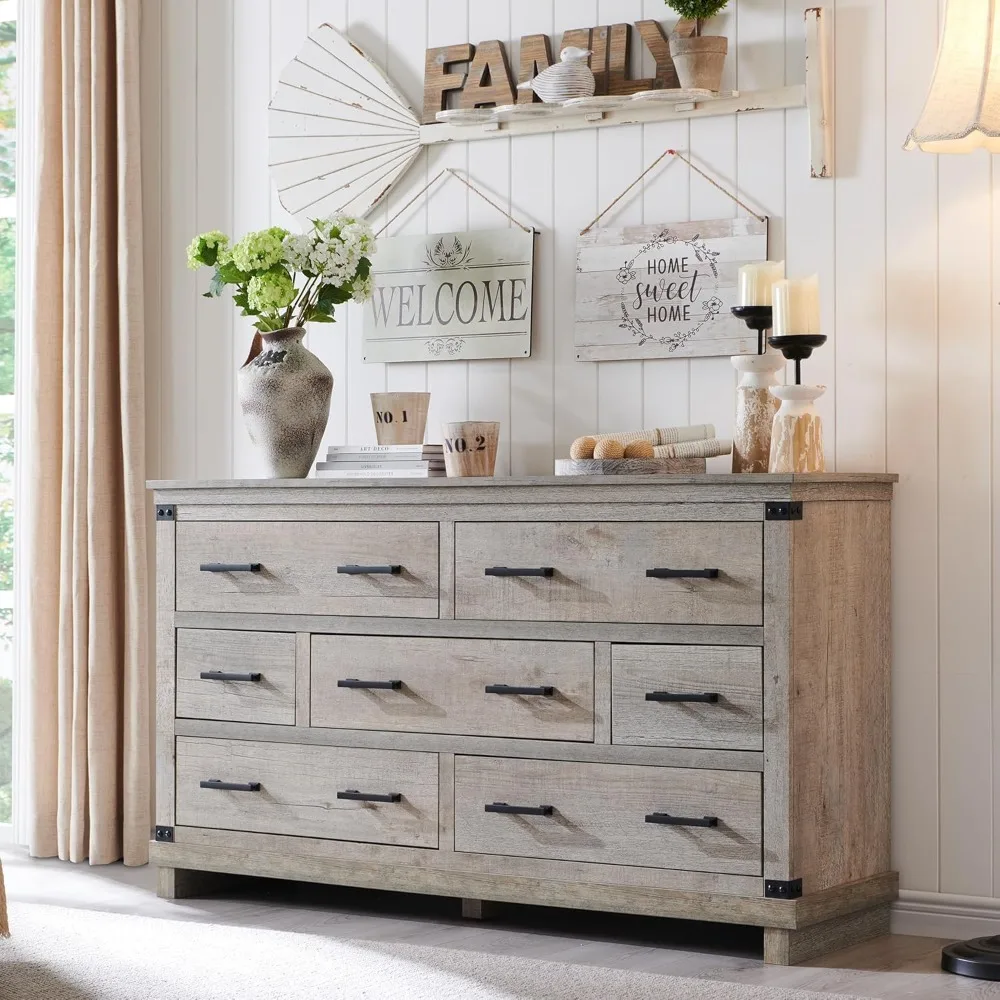 Farmhouse 7 Drawers Dresser for Bedroom, Wood Large Chest of Drawers with Thick Plank Styling, Rustic Closet Dresser