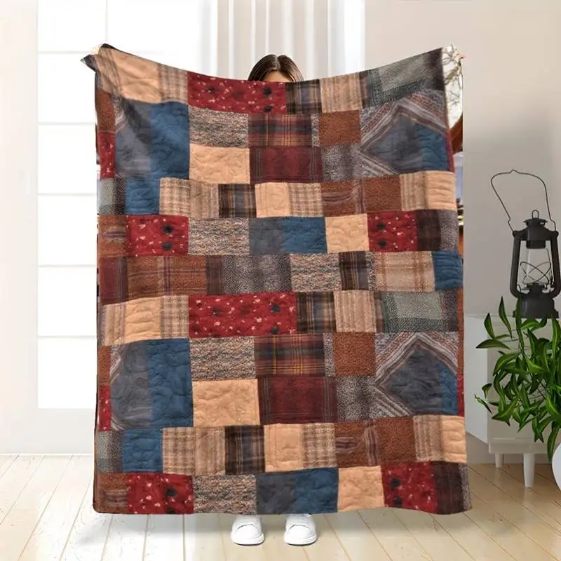 

Vintage Patchwork Plaid Throw Blanket - Rustic Quilt-Style Soft Blanket for Cozy Farmhouse Home Decor