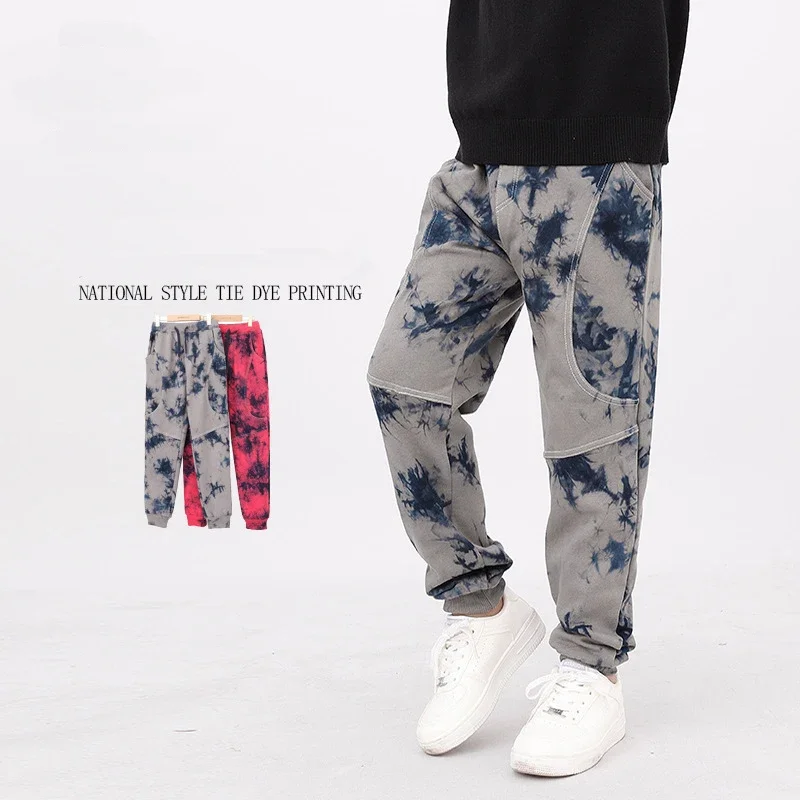 Spring Big Boys Tie Dye Patchwork Casual Children's Elastic Waist Sweatpants Grey/red Jogger Pant for Teenage Baby Trousers Fall