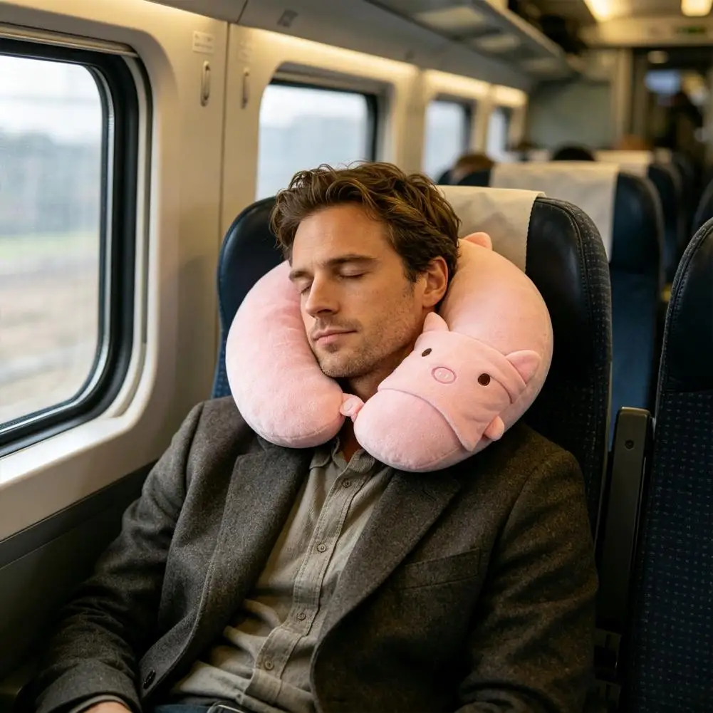 1 Set U-Shaped Travel Pillow with Eye Mask Neck Support Pillow Cute Animal Design Travel Neck Pillow for Road Trip Flight