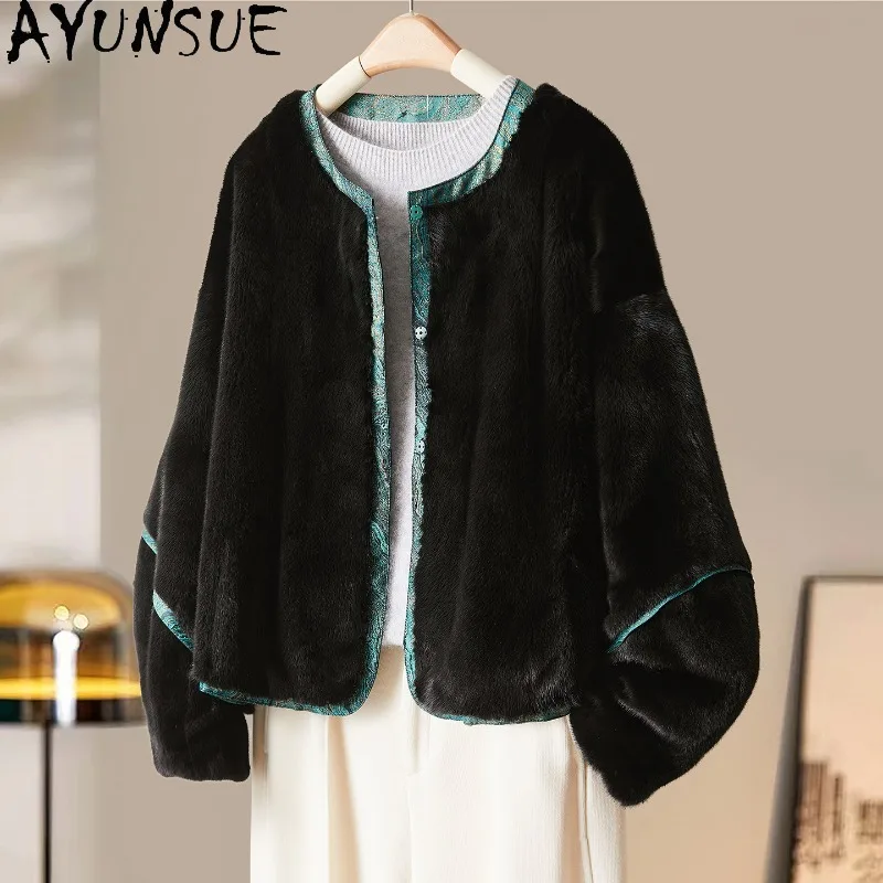 

AYUNSUE Real Mink Fur Coats Woman Elegant Winter Warm Fur Jacket Short Black Fur Coat Chinese Style Woman Clothes Шуба Женская