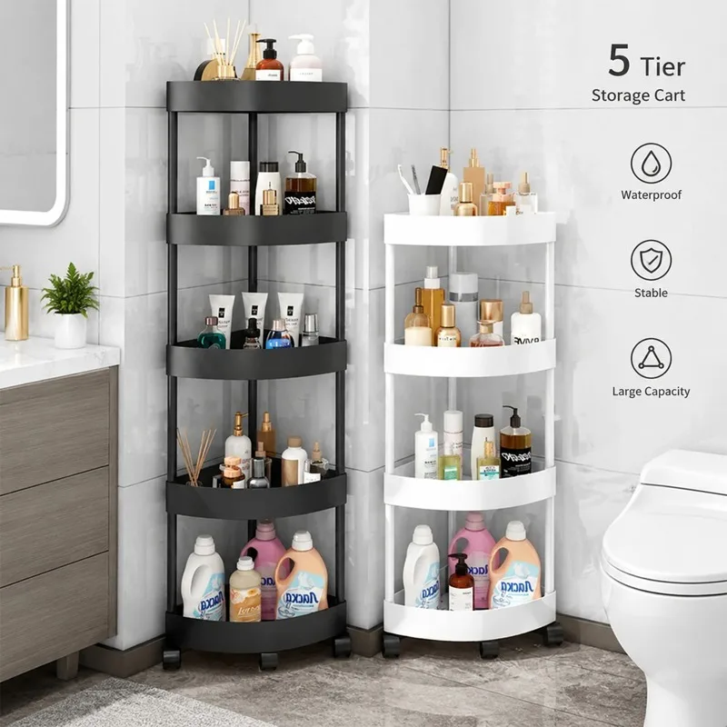 5‑Tier Rolling Corner Storage Cart Movable Triangle Shelf Drainage Design for Bathroom Kitchen Floor Corner Organizer