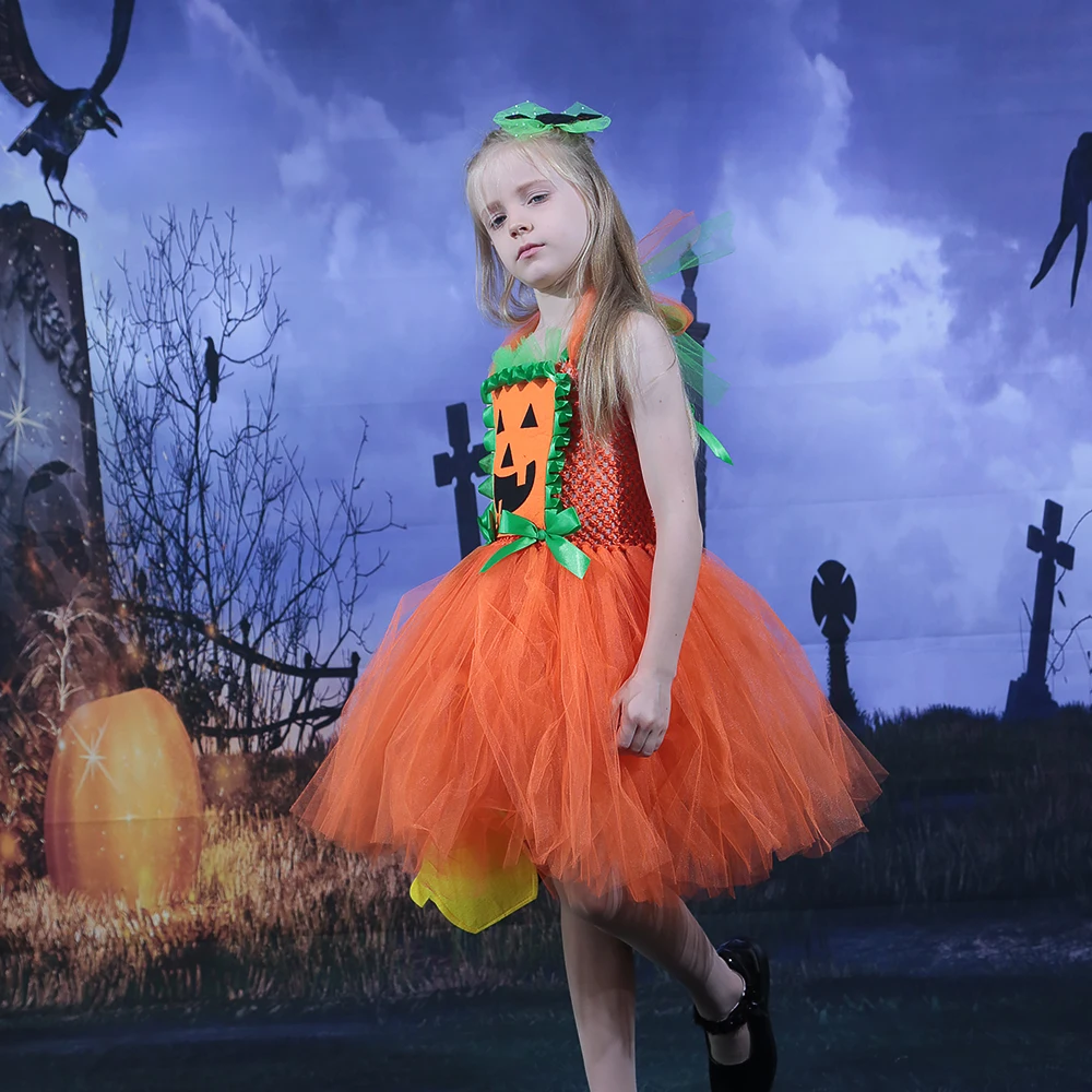 Scary Pumpkin Monster Girls Halloween Dress Up Tutu Dress Kids Clothes for Carnival Party Dresses Orange Dress with Ruffles