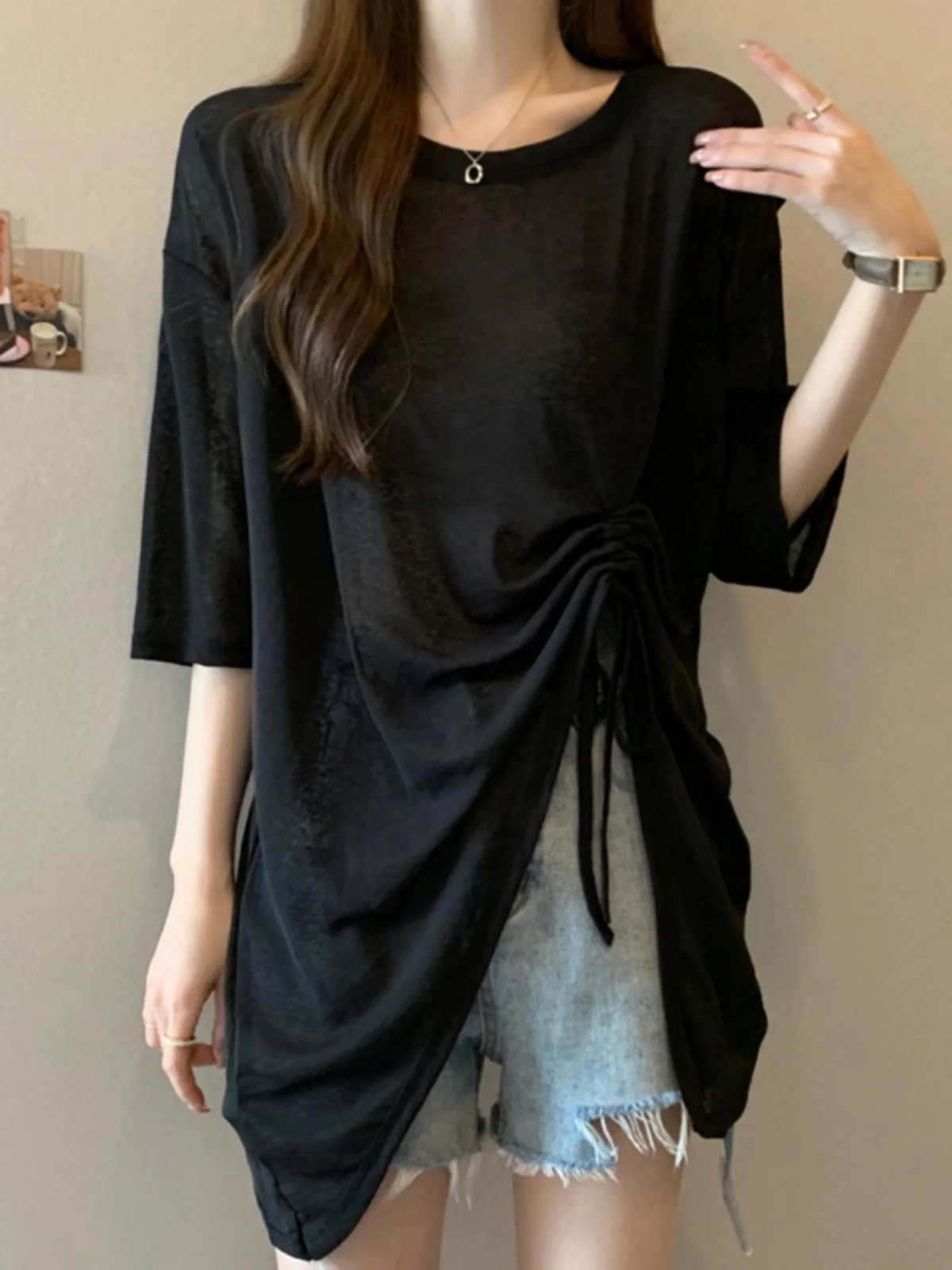 تي شيرت نسائي صيفي مقاس كبير بأكمام ثلاثة أرباع من الحرير الجليدي تي شيرت نسائي صيفي للتخسيس على الطراز الكوري متوسط الطول ... #2