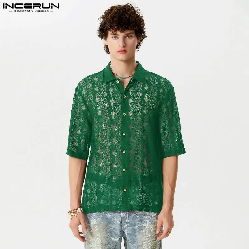 

INCERUN Tops 2024 American Style Fashion Men Perspective Jacquard Shirts Casual Streetwear Male Lapel Short Sleeved Blouse S-5XL