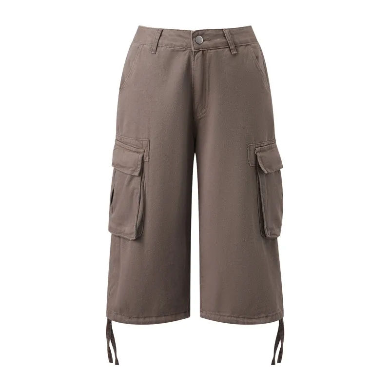 Women Y2K Cargo Bermuda Shorts Low Waist Drawstring Hem Loose Fit Multi Pocket Aesthetic Camouflage Denim Shorts Streetwear