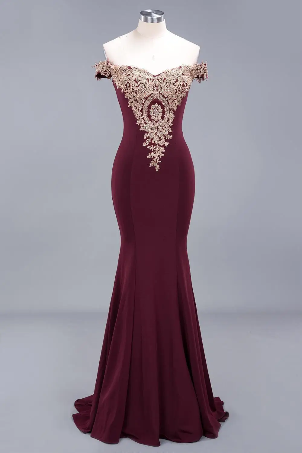 Mermaid Satin Evening Dresses Burgundy Long Lace Open Back Gold Lace Formal Party Prom Gowns Fashion Clothing Vestidos De Festa