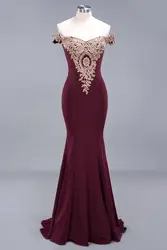 Mermaid Satin Evening Dresses Burgundy Long Lace Open Back Gold Lace Formal Party Prom Gowns Fashion Clothing Vestidos De Festa