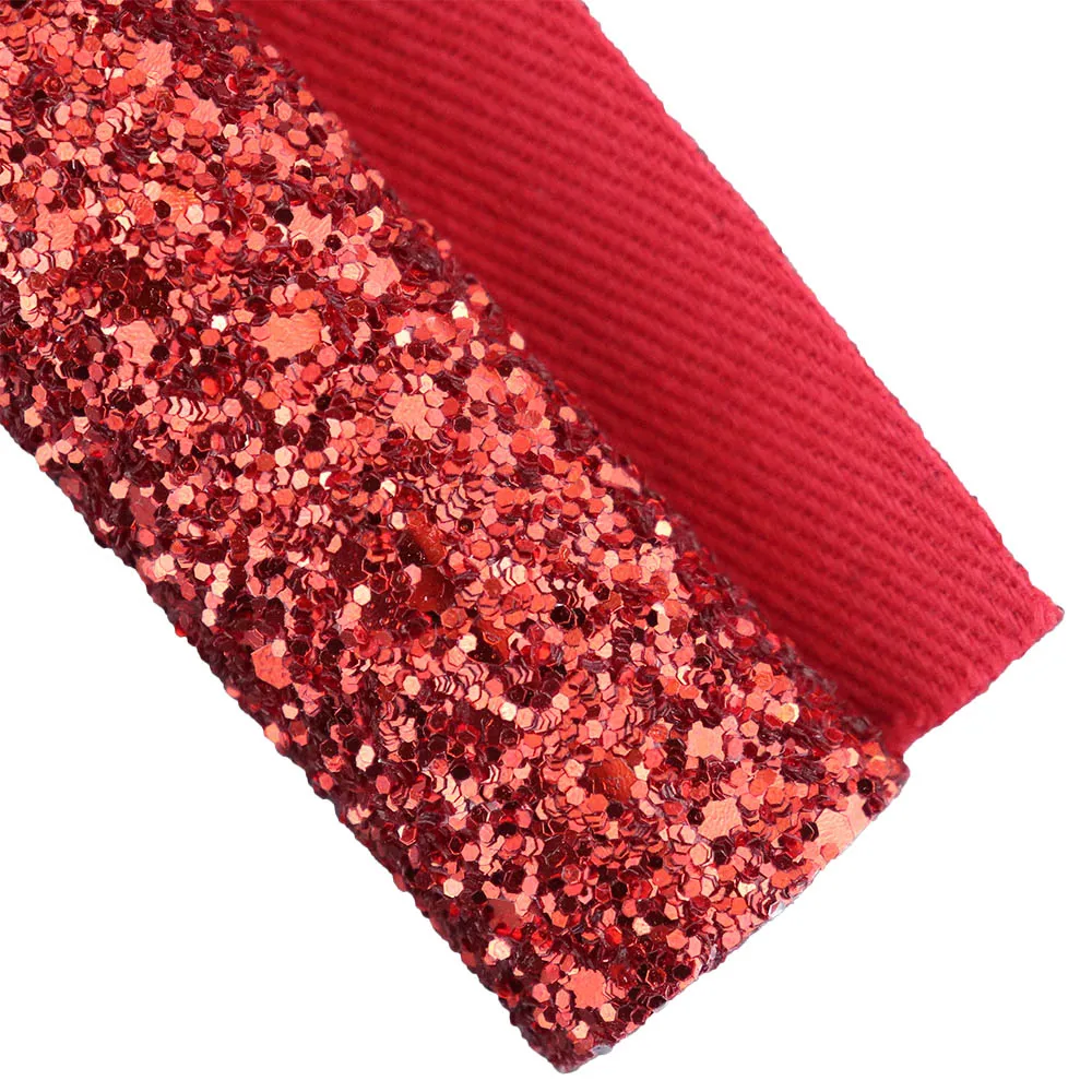30X134cm Plain Solid Pure Red Chunky Fine Glitter Fabric With Soft Elastic/Twill Backing Faux Leather Roll For Sewing DIY DT002