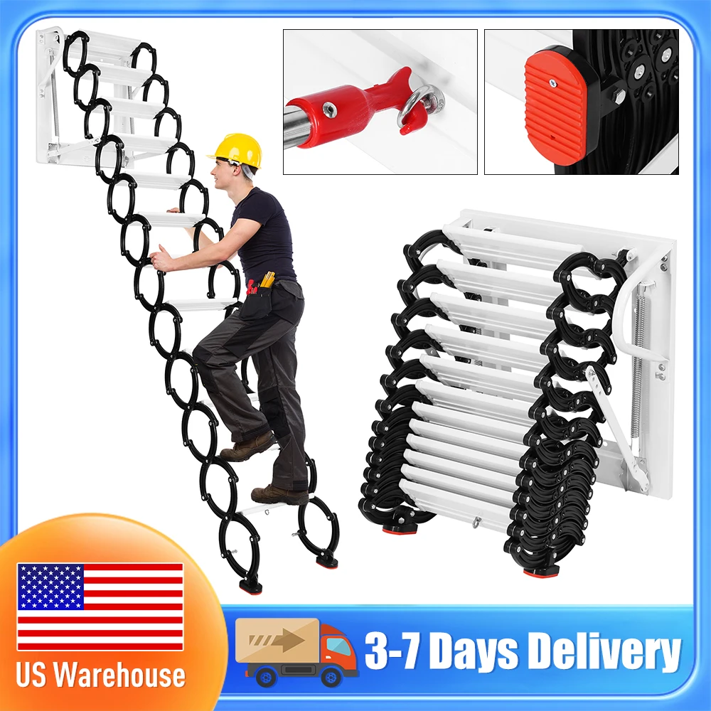 

12-ступенчатая настенная выдвижная чердачная лестница с грузоподъемностью 600 фунтов, складная, с противоскользящими ступенями, для гаражей и помещений