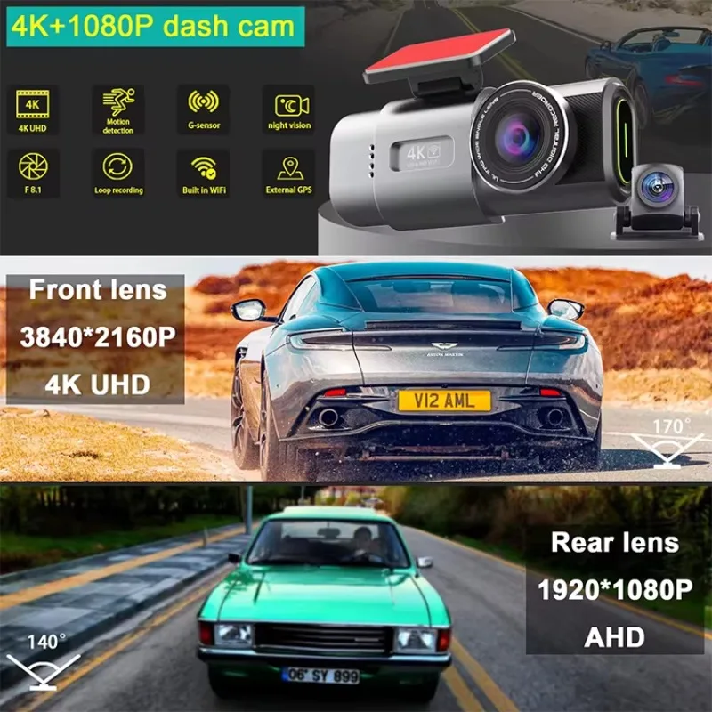 In stock Hot Sales 4K+1080P Car DVR Dashcam With Night Vision Dual Lens WIFI  CAR Dash Cam Camera