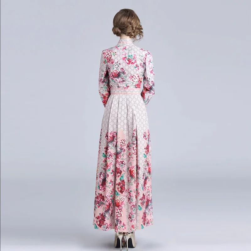 Spring Summer Women\'s Fashion Waistband Slim Long Sleeve Printed Ribbon Neck Temperament Long Dress High Quality Dress