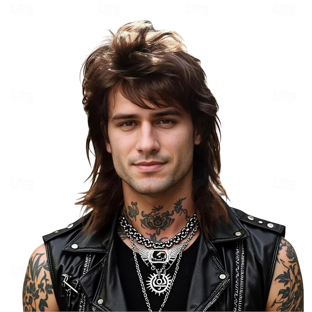 Synthetic Hair Men's 80s Rock Mullet Wig Brown Retro Hairstyle for Cosplay Party Vintage Fashion