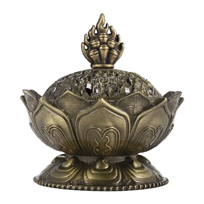 AEE4-Lotus Incense Smoke Cone Aroma Burner Holder Stove Backflow Censer Decor-Bronze