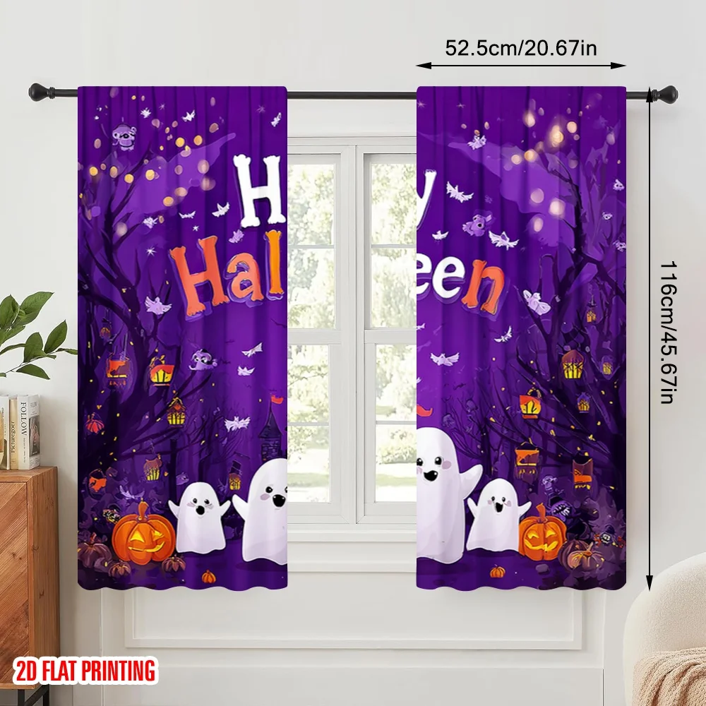2pcs,2D plane printing Popular Curtain Panels Ghosts_ Pumpkins_ and Bats Polyester Easy Install (without rod) Home Decor Perfect