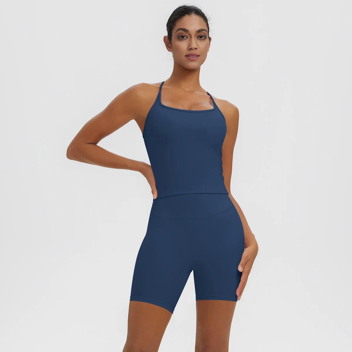 Rooftrellen 2-teiliges sexy einfarbiges Yoga-Set für Frauen, mit schönem Rücken und I-förmiger Weste, Fitness-Lauf-Yoga-Shorts-Set für Damen – Detail 9