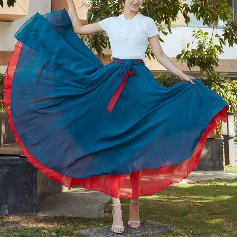 Both Sides Can Wear Dance Skirt Women Double Chiffon Skirts Elastic Waist Lace-up Maxi Skirts Elegant Female Big-hem Skirts 2026