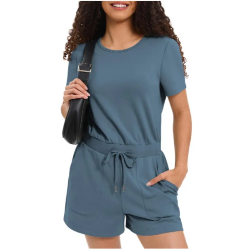 2024 New Solid Round Neck Fashion Women Playsuit Short Sleeve Drawstring Elastic Waist Pocket Casual Female Summer One Piece