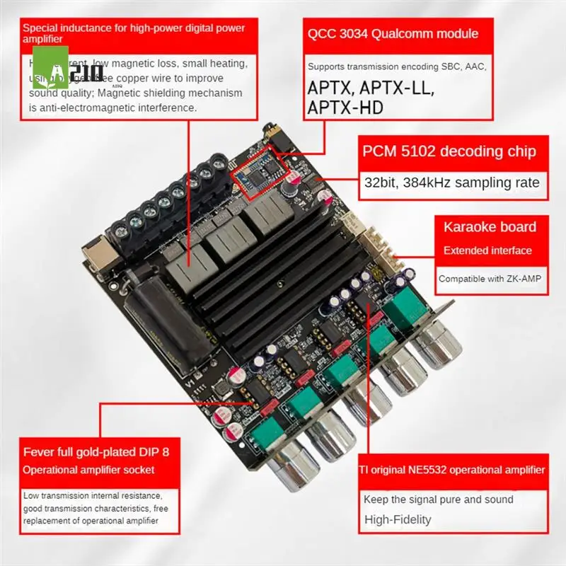 

A21Q-ZK-APTX1 Плата усилителя мощности Bluetooth 2,1-канальный 2X100 Вт + 200 Вт сабвуфер QCC3034 TPA3221 Модуль цифрового усилителя мощности