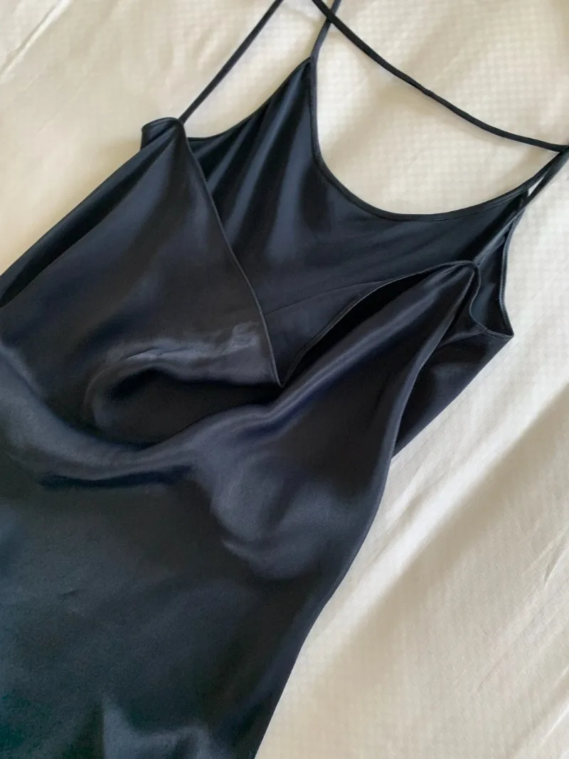 Vestido de cetim de verão importado meia-noite azul cuproamino fibra sem costas