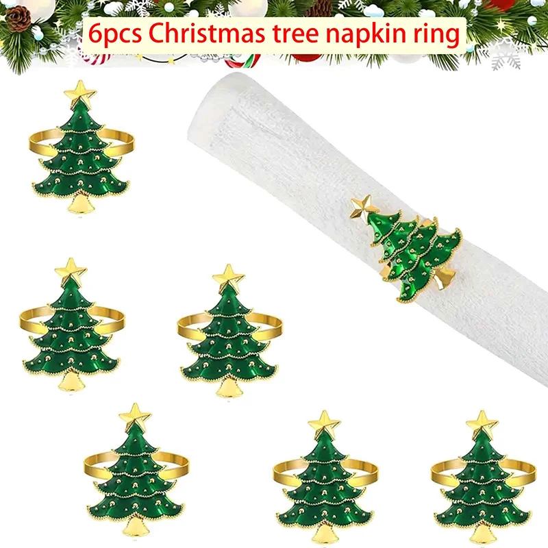 New 6Pcs Christmas Napkin Rings Xmas Tree Ornaments 2025 Christmas Home Kitchen Dinner Table Decoration New Year Party Supplies