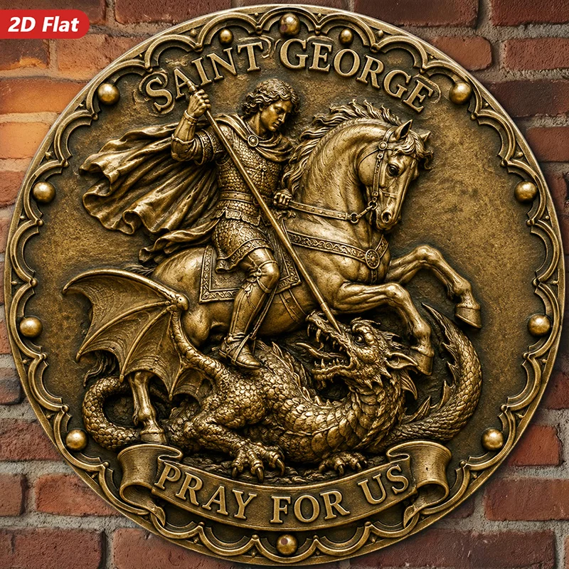 2D Flat, Saint George Relief Round Metal Aluminum Sign Wall Art, Home Decor, Vintage Style, Knight On Horseback, Indoor Decor
