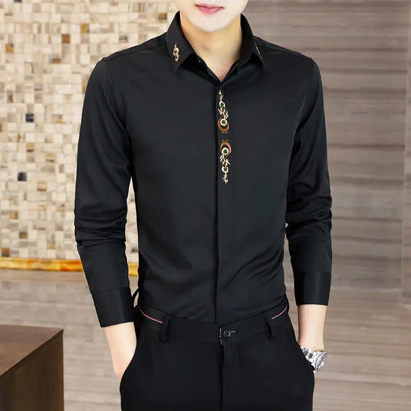 Men\'s Shirts Long Sleeve Embroidery Fashion Korean Slim Fit Trendy White High Quality Social Henley Man Casual Dress Shirt Black