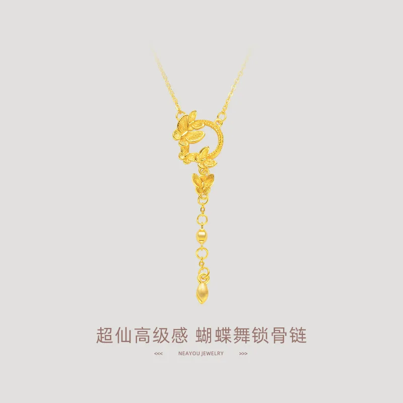 9999 24K real gold niche super fairy high-end flower wreath collarbone chain fashionable butterfly tassel women\'s necklace
