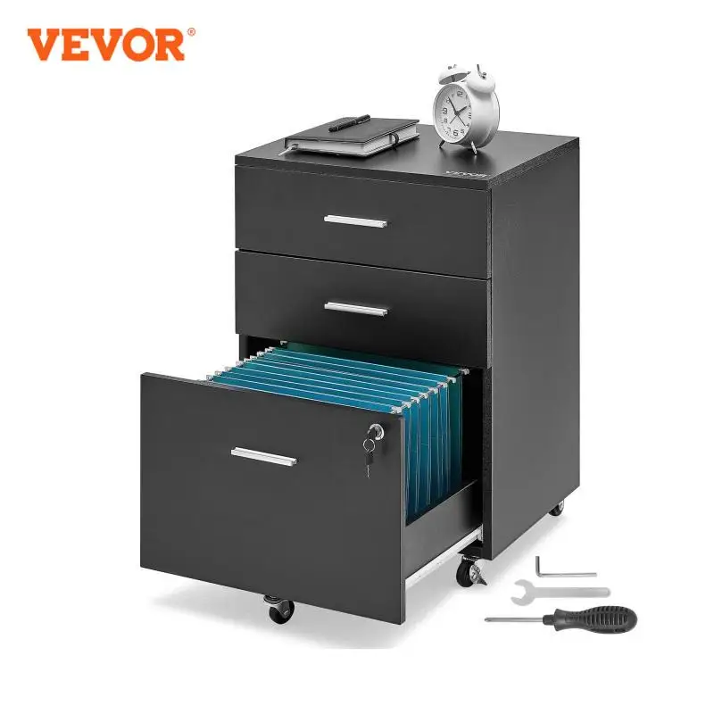 VEVOR 3-Drawer Wood File Cabinet Under Desk File Cabinet for Letter/ A4 Size Mobile Printer Stand with Lock and Hanging Rail