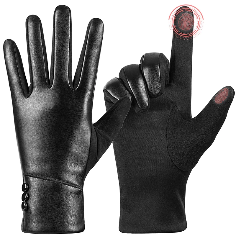 1 Pair Of Fashion Leather Gloves For Women, Winter Touch Screen Wool Lined Outdoor Windproof Warm Suede Driving Cycling Gloves