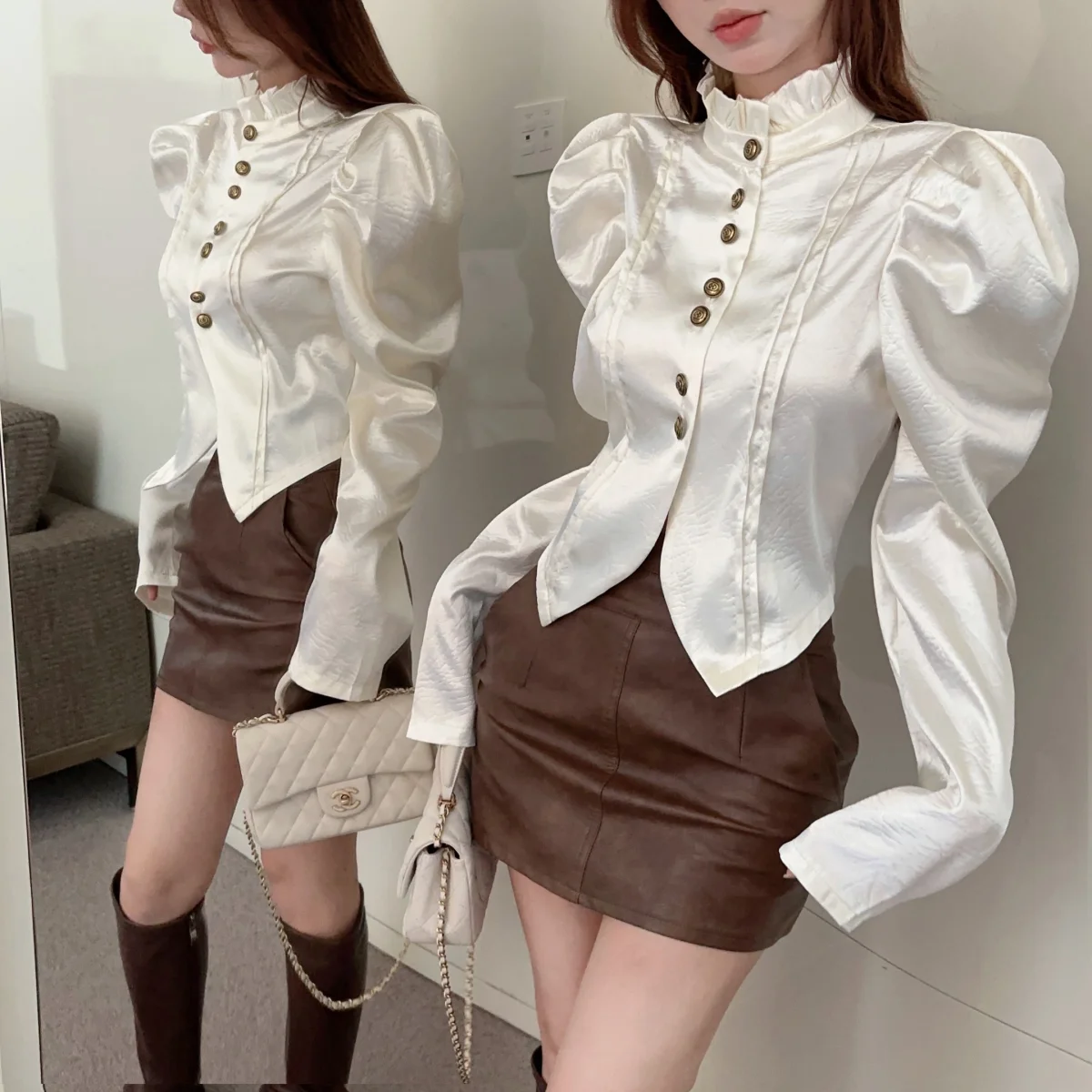 Ladies Temperament Buttons Solid Color Stand Collar Long Sleeve Blouse Autumn New Fashionable Ruffles Slim Shirts Women Clothes