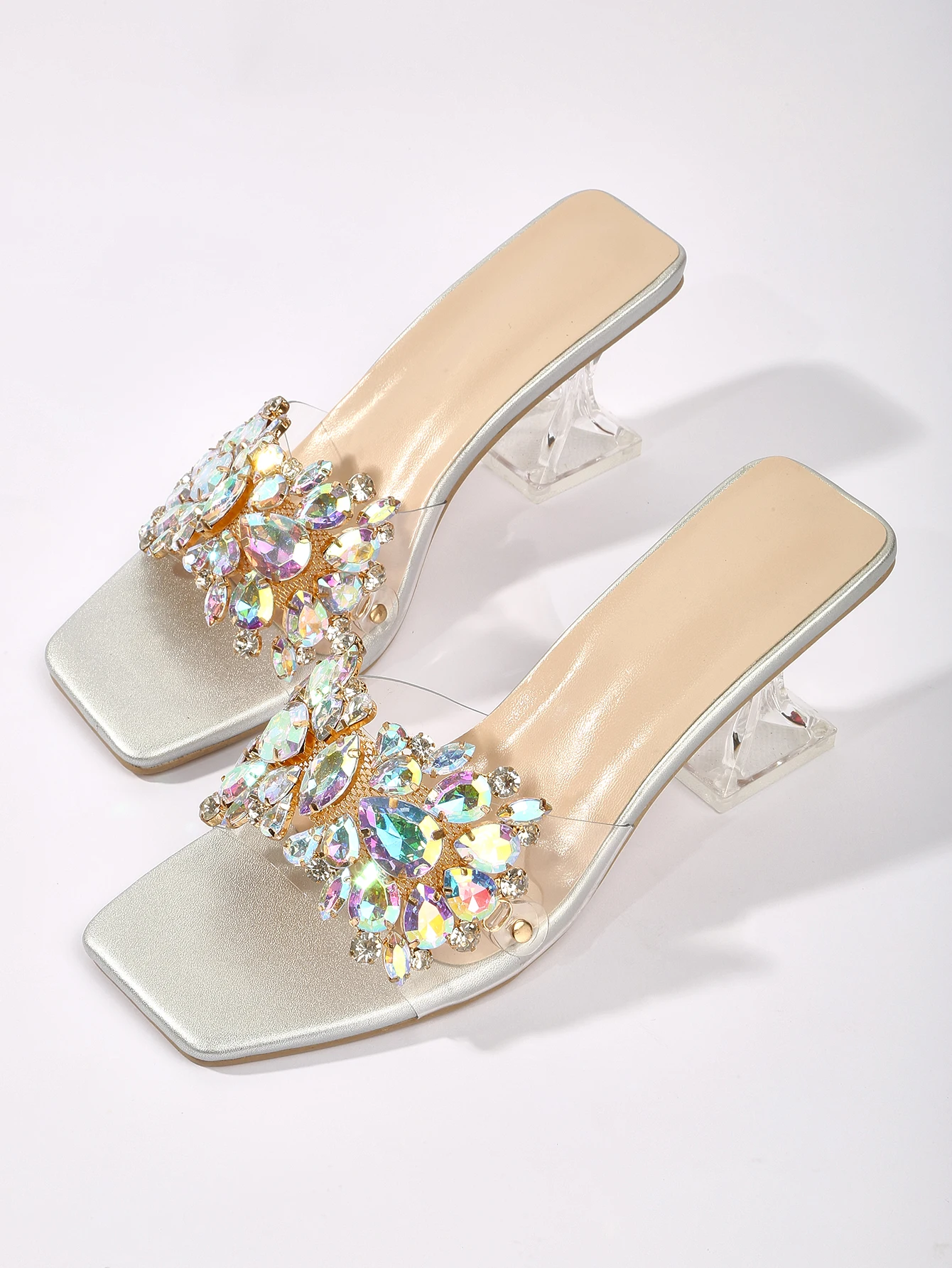 Bright Silver Summer Transparent Crystal Half Trailer High Heel Sandals with Thick Heels and Large Sized Outwear Fashion Sandals