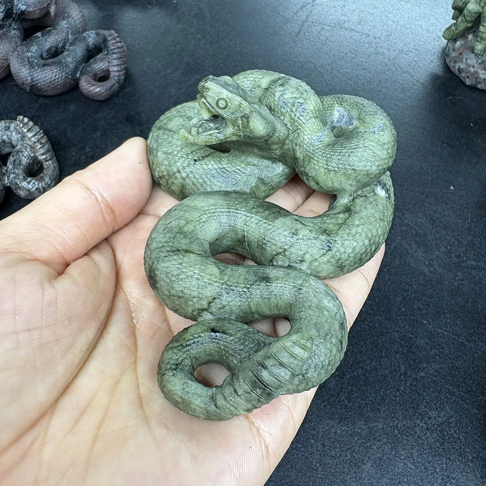Custom Handcrafted Natural Xiuyan Jade Snake Carving - 9.5cm Gemstone Serpent Figurine Healing Crystal Decor