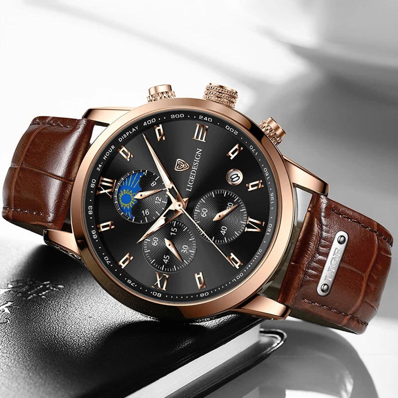 LIGE Man Watch Business Fashion Brand Luxury Leather Moon Phase Wristwatches Quartz Watches for Men Chronograph Waterproof Clock