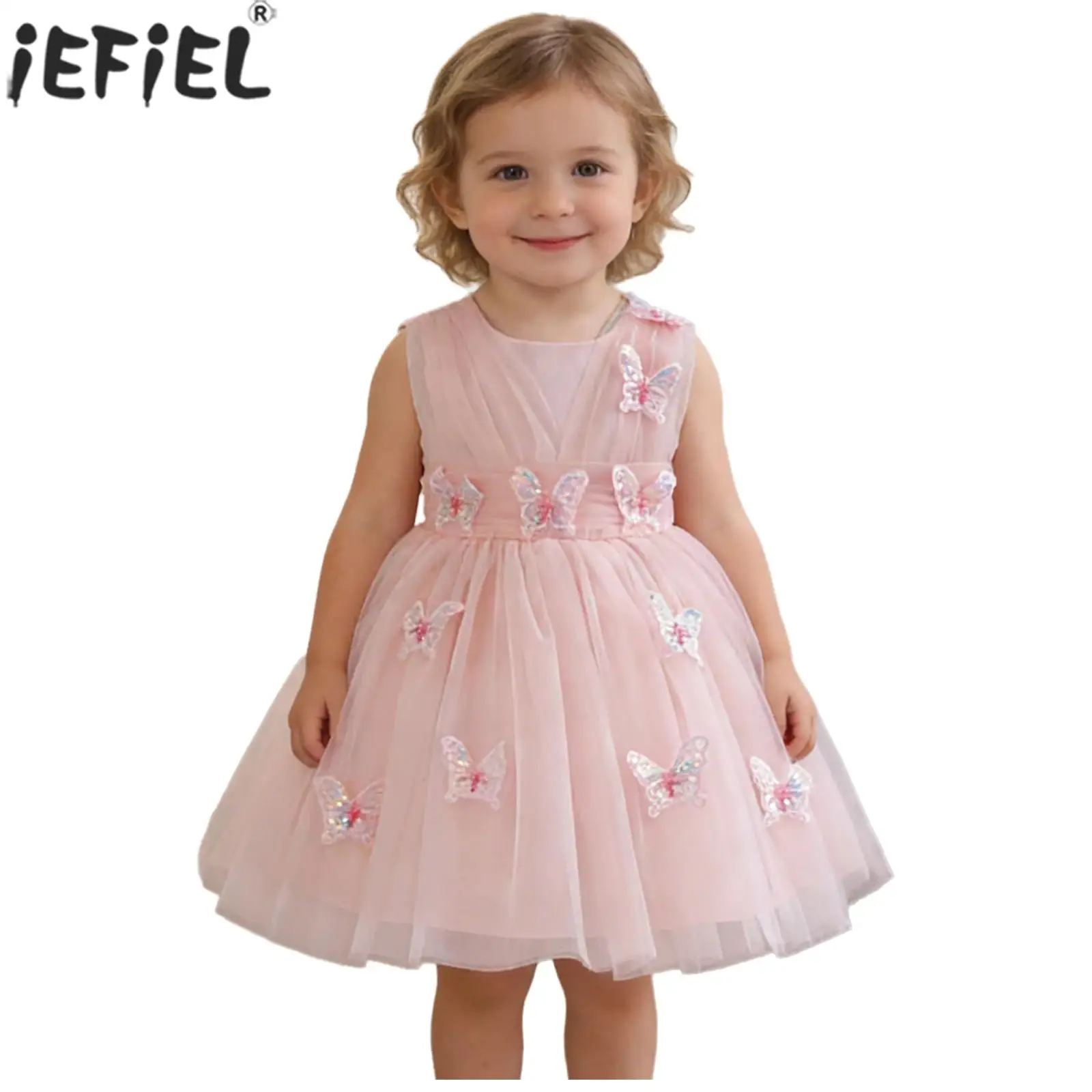 

Праздничное платье для маленьких девочек с 3D-бабочками, бальное платье для свадьбы, дня рождения, конкурса красоты, без рукавов, с рюшами, из фатина, платье принцессы