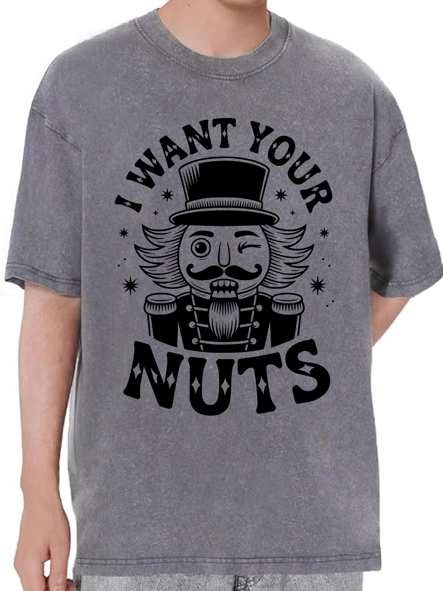 

I Want Your Nuts 230g Heavy Cotton Washed Oversized T-Shirt for Men Funny Graphic Tee Retro Casual Top