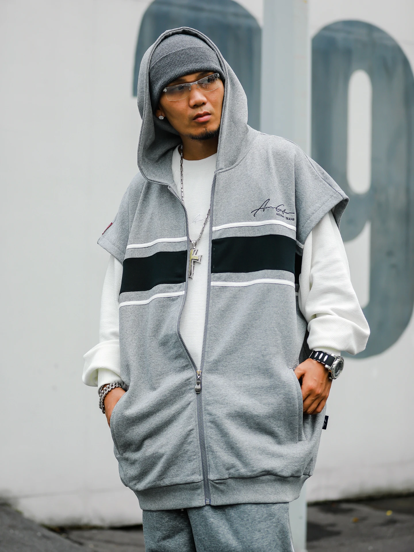 Acusa Jeans American Style Casual Hooded Vest Men's No Sleeve Jacket plus Size Heavyweight Loop Back Breathable Zipper Closure