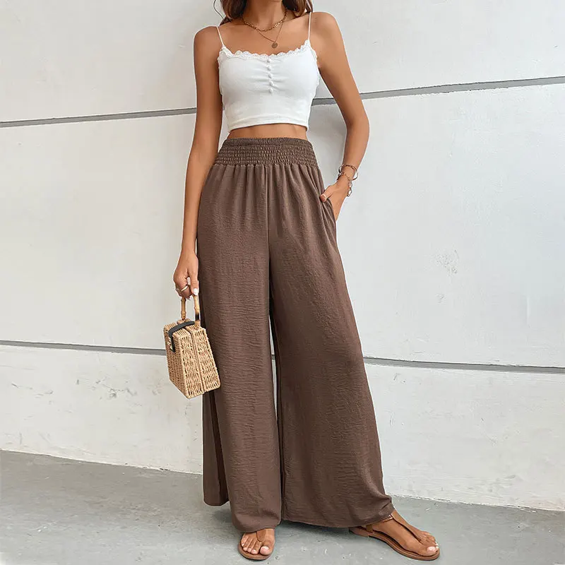 

Women's 2024 Spring And Autumn New Collection With Pocket, Elastic Waist Casual Commuter Solid Color, Horn Shaped Wide Leg Pants