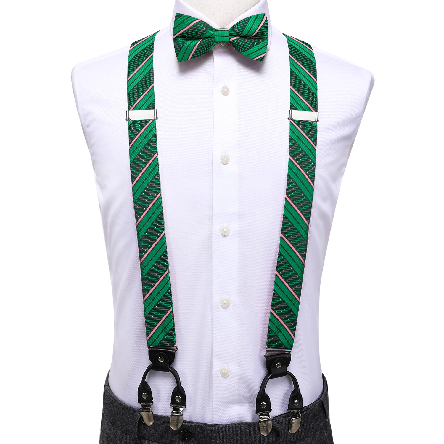 Suspender de seda sólida verde listrado Hi-Tie Bowtie para homens, Hanky Cufflink, clipe ajustável na cinta, masculino casamento negócio, atacado