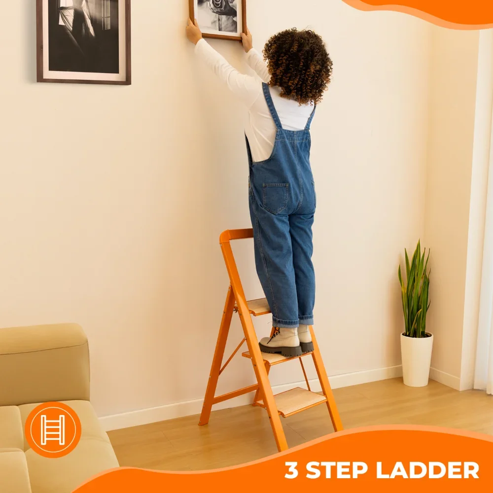 3-Step Folding Aluminum Ladder, Anti-Slip, 580 lbs, Lightweight, Sturdy, Portable
